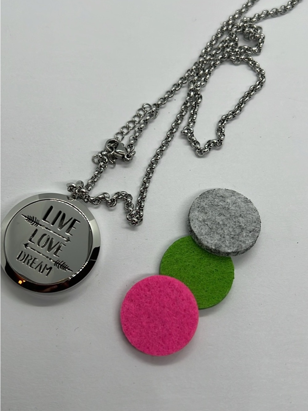 Aromatherapy Locket Necklace with Pink, Green, Gray Pads - Silver